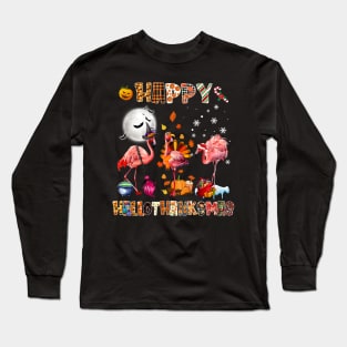 Cute Flamingo HalloThanksmas Happy Halloween Thanksgiving T-Shirt Long Sleeve T-Shirt